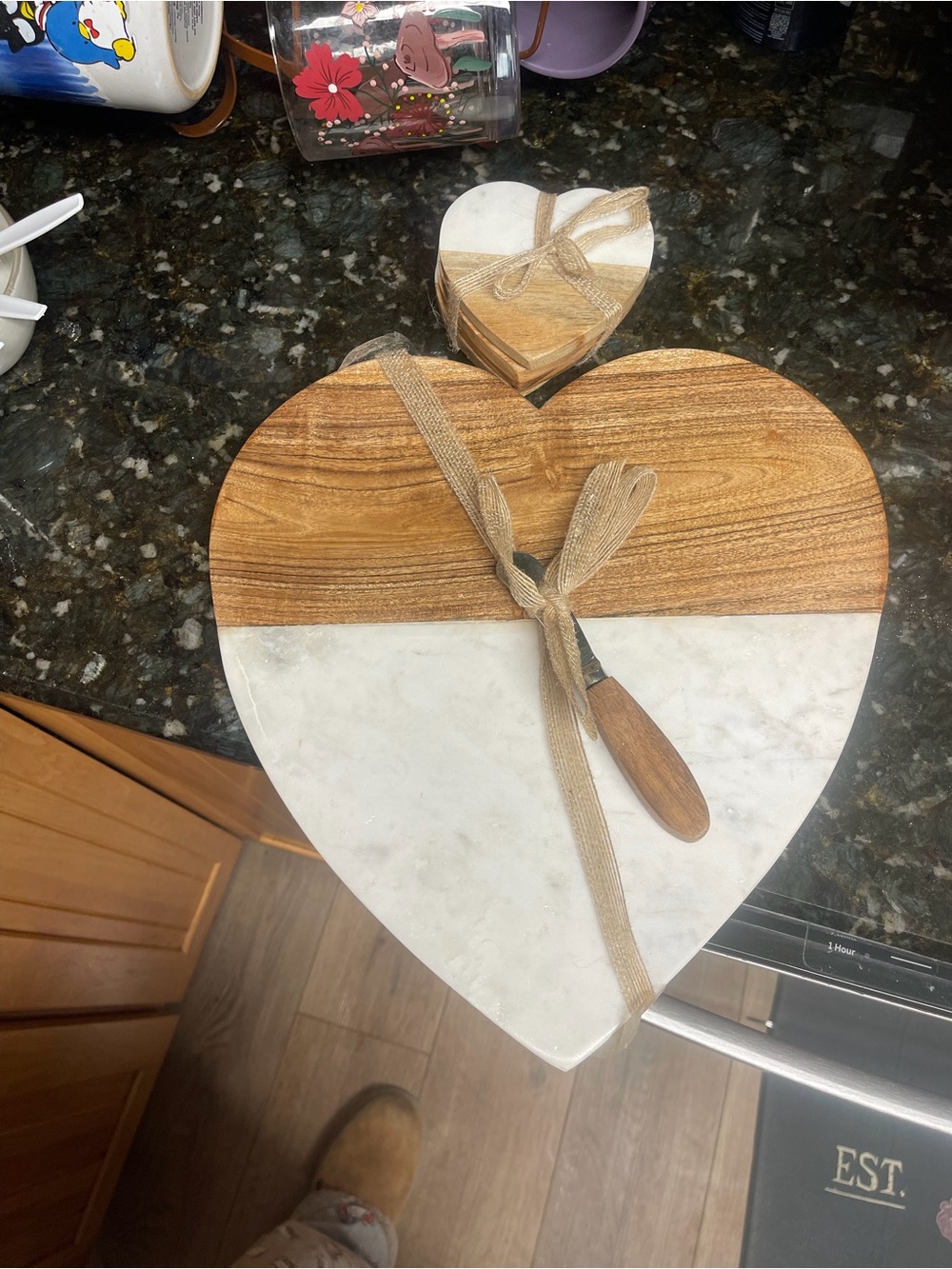 Heart-Shaped Marble & Wood cheese board and coaster set